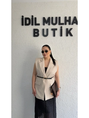 Bej Vatkalı Premium Blazer Yelek