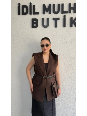 Kahverengi Vatkalı Premium Blazer Yelek