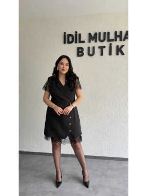Siyah Dantel Detaylı Kruvaze Blazer Elbise