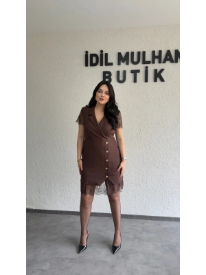 Kahverengi Dantel Detaylı Kruvaze Blazer Elbise