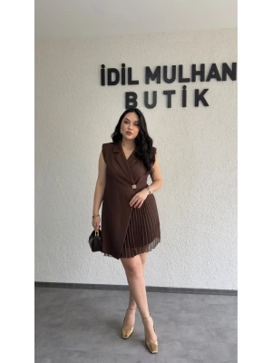 Kahverengi Kruvaze Yaka Gold Düğme Detaylı Abiye