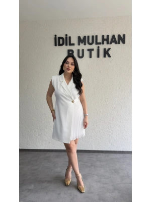 Ekru Kruvaze Yaka Gold Düğme Detaylı Abiye