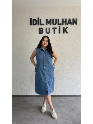 Düğme Ve Cep Detaylı Kolsuz Kot Elbise