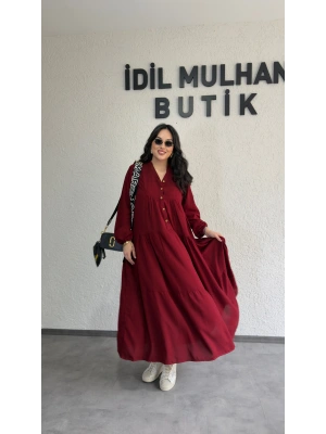 Bordo Düğmeli Maxi Fırfır Elbise