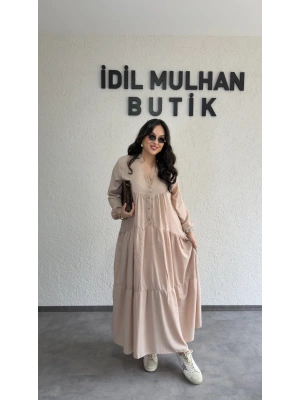 Krem Düğmeli Maxi Fırfır Elbise