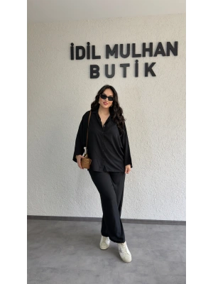 Siyah Kolları Manşet Detaylı Gömlek Takım
