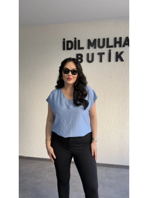 Bebe Mavi V Yaka Çilek Kumaş Bluz