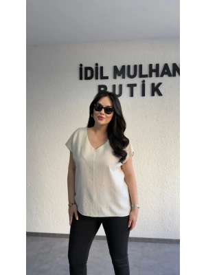 Krem V Yaka Çilek Kumaş Bluz