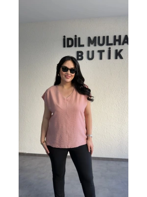 Pudra Pembe V Yaka Çilek Kumaş Bluz