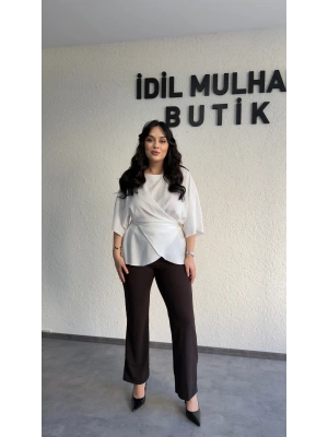 Ekru Nisbet Kumaş Bağcıklı Bluz