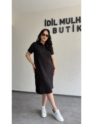Siyah Yakası Düğme Detaylı Lacoste Elbise