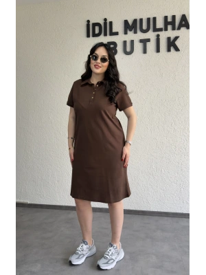 Kahverengi Yakası Düğme Detaylı Lacoste Elbise