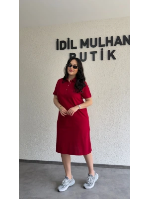 Bordo Yakası Düğme Detaylı Lacoste Elbise
