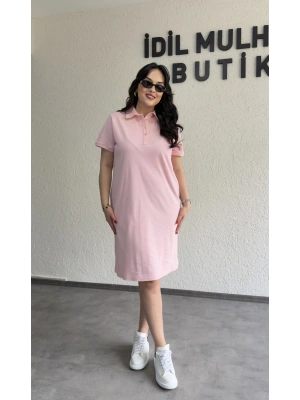 Pembe Yakası Düğme Detaylı Lacoste Elbise