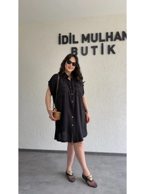Siyah Kuşak Detaylı Gömlek Elbise