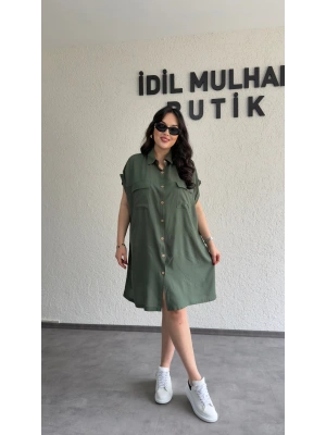 Haki Kuşak Detaylı Gömlek Elbise
