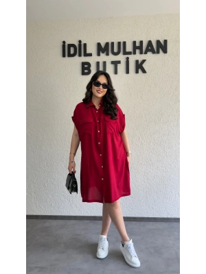 Bordo Kuşak Detaylı Gömlek Elbise