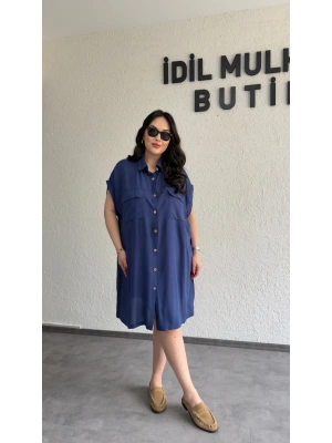 Lacivert Kuşak Detaylı Gömlek Elbise