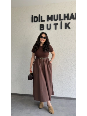 Kahverengi Kemer Detaylı Eteği Poplin Elbise
