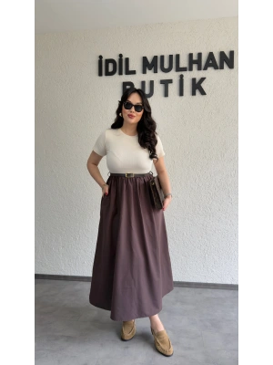 Krem Kemer Detaylı Eteği Poplin Elbise