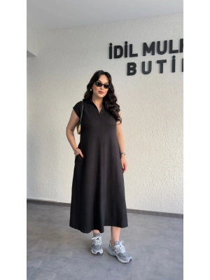Siyah Cepli Oysh Kumaş Maxi Elbise