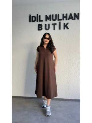 Kahverengi Cepli Oysh Kumaş Maxi Elbise