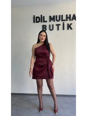 Bordo Tek Omuz Kuşak Detaylı Elbise