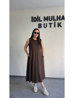 Kahverengi Oysh Salaş Günlük Midi Elbise