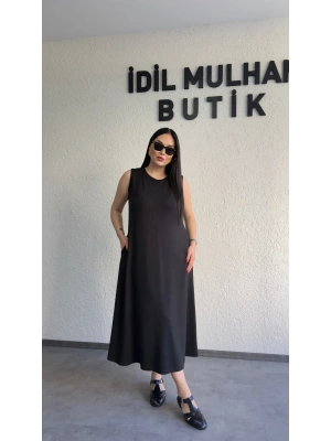 Siyah Oysh Salaş Günlük Midi Elbise