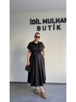 Siyah Poplin Kuşaklı Gömlek Elbise
