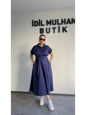 Lacivert Poplin Kuşaklı Gömlek Elbise