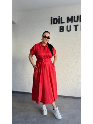 Kırmızı Poplin Kuşaklı Gömlek Elbise