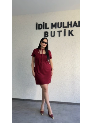 Bordo Zr Model Yaka Bağlama Detaylı Elbise