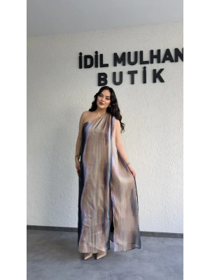 Tek Omuz Renk Geçişli Organze Elbise