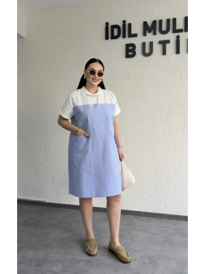 Beyaz Gömlek Yakalı Denim Elbise
