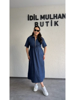 Lacivert Fermuar Detaylı Denim Elbise