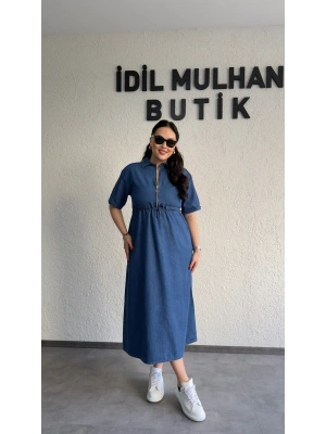 Mavi Fermuar Detaylı Denim Elbise