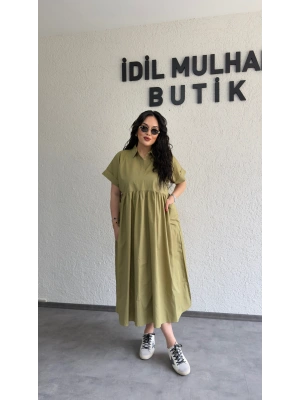 Yağ Yeşili Cep Detaylı Poplin Elbise