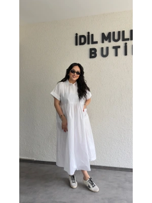 Beyaz Cep Detaylı Poplin Elbise