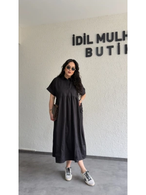 Siyah Cep Detaylı Poplin Elbise