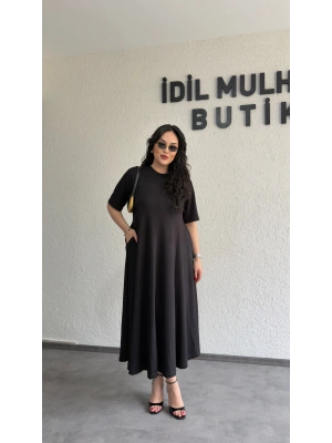 Siyah Oysh Kumaş Godeli Elbise
