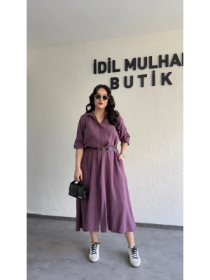 Mürdüm Tensel Dokulu Kemerli Elbise
