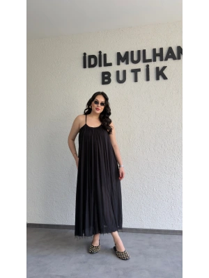 Siyah Ayarlanabilir Askılı Pamuk Elbise