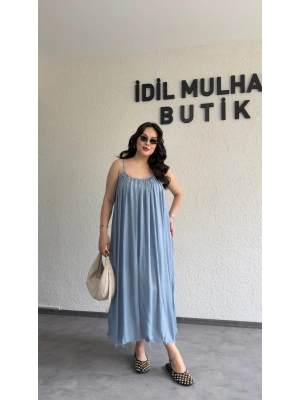 Buz Mavisi Ayarlanabilir Askılı Pamuk Elbise