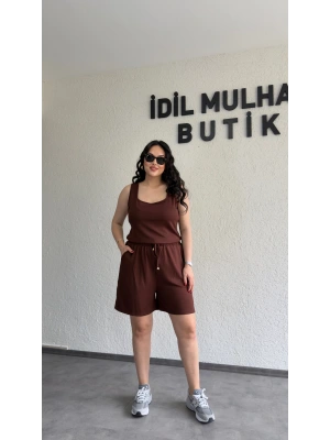 Kahverengi Oysh Kumaş Şortlu Takım