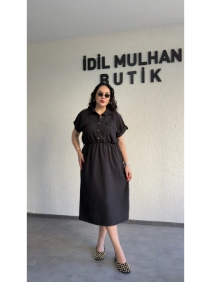 Siyah Kuşak Detaylı Krinkıl Elbise