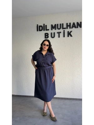 Lacivert Kuşak Detaylı Krinkıl Elbise