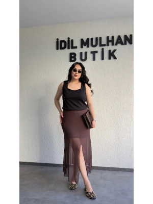 Kahverengi Astarlı Tül Etek