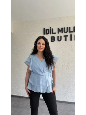 Bebe Mavisi Kruvaze Yan Bağcıklı Organze Bluz
