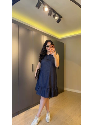 Lacivert Eteği Fırfırlı Kolsuz Kot Elbise